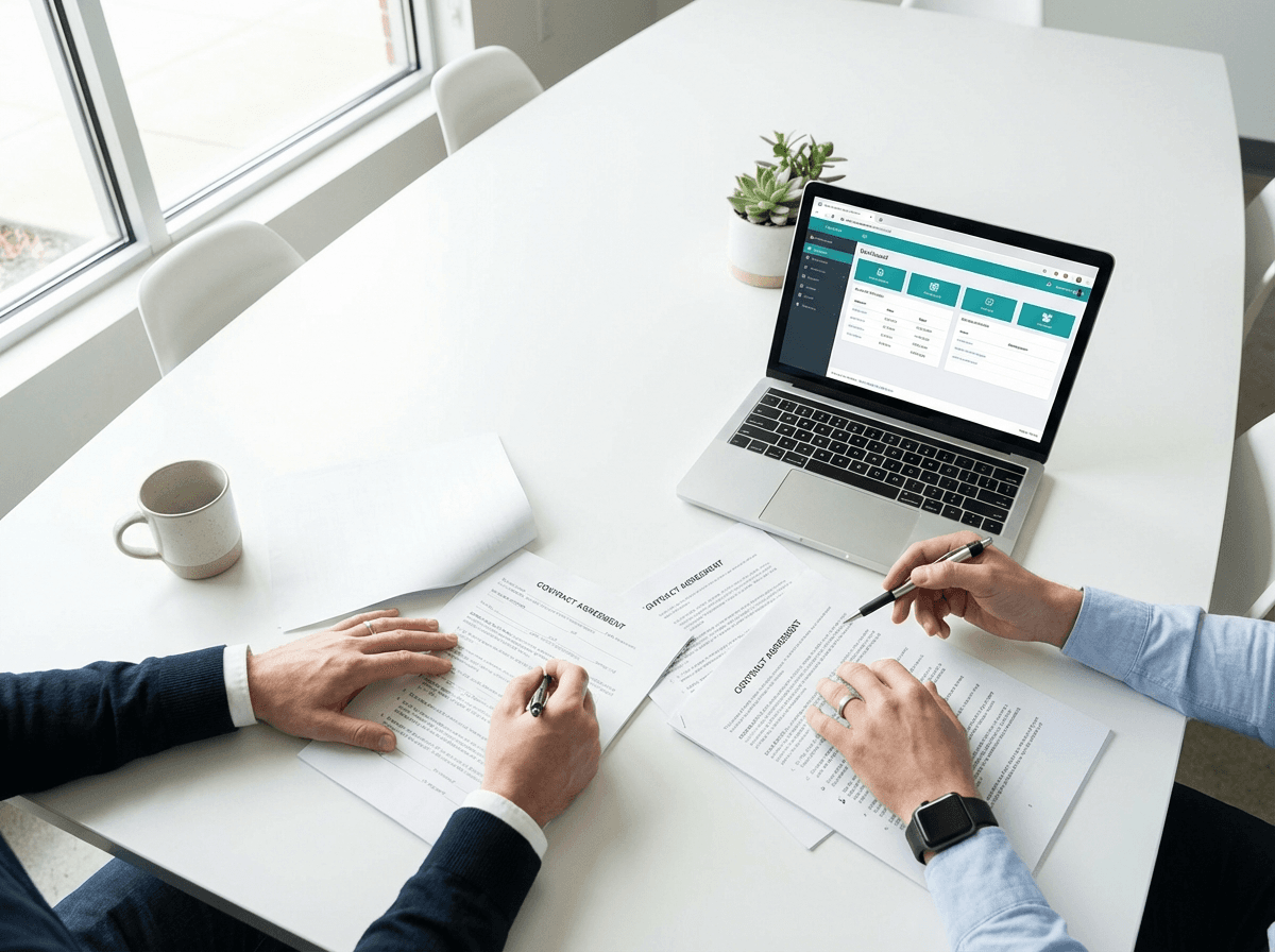 Legal team reviewing contract documents with AI-powered dashboard
